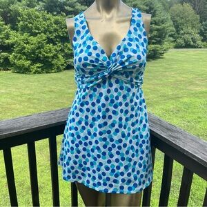 LL Bean swimsuit swim dress one piece twists polka dots skirted modest blue 16